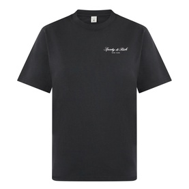 Sporty and Rich Signature NY Logo T-Shirt in Faded Black, round neck, short sleeves, small script logo on chest