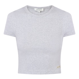 Sporty and Rich Signature Logo Rib Baby T-Shirt in Heather Grey, ribbed cotton crop style with round neck and short sleeves