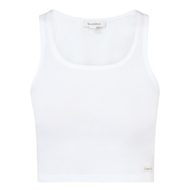 Sporty and Rich Signature Logo Tank Top in white, round neck, sleeveless, cropped length with gold logo patch detail