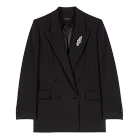 Maje Womens French Dress in red, double-breasted blazer with crystal brooch embellishment and flap pockets
