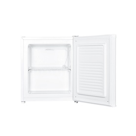 Belling Compact Upright Freezer in white, open door revealing two interior shelves, compact freestanding design