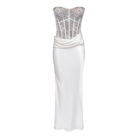 House of CB white strapless maxi dress with sheer lace corset bodice and satin skirt with draped waist detail
