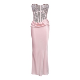 House of CB pink strapless maxi dress with embellished lace corset bodice and satin draped skirt