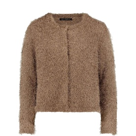 Betty Barclay Light Hazelnut textured fluffy cardigan with round neck and hook-and-eye front fastening
