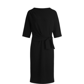 Betty Barclay black midi dress with elbow-length sleeves, boat neckline, and self-tie waist belt, shown as a flat shot.