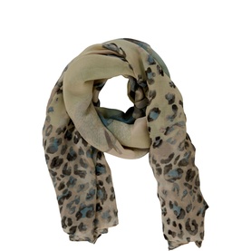 Betty Barclay scarf in beige and petrol with leopard print pattern, shown loosely draped to display full length and texture.
