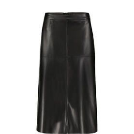 Betty Barclay black faux leather midi skirt with panel seam detail, back zip fastening, and front vent