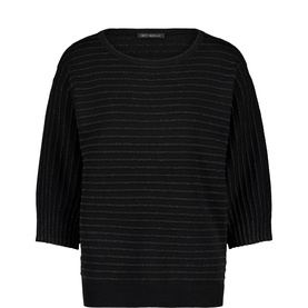 Betty Barclay black knit top with subtle stripe texture, batwing three-quarter sleeves, and ribbed cuffs and hem
