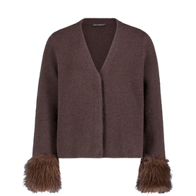 Betty Barclay Muskat knit cardigan top with V-neckline and fluffy feather-trim cuffs in warm brown tones