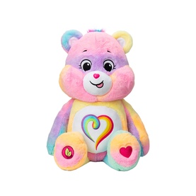 Care Bears multi-coloured rainbow gradient teddy bear plush, seated pose with rainbow heart motif on tummy