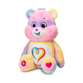 Care Bears multicolour rainbow plush bear soft toy, seated pose with heart belly badge, medium size