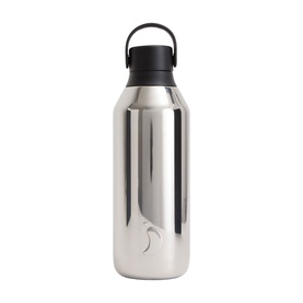 Stainless steel insulated water bottle with black loop-handle lid and engraved logo detail