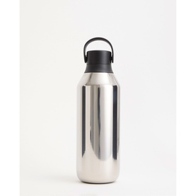 Polished silver stainless steel insulated water bottle with black carry handle lid, smooth cylindrical body
