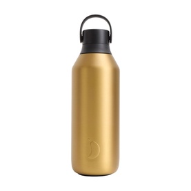 Chilly's stainless steel water bottle in metallic gold with black loop-top lid and embossed moon logo detail.