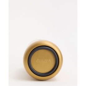 Chilly's bottle base in matte gold, showing rubber seal ring and embossed logo, viewed from below.