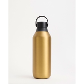 Gold insulated water bottle with black carry handle lid, smooth metallic finish, cylindrical shape with tapered neck