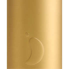 Brushed gold cylindrical beauty device with embossed crescent moon logo detail on smooth metallic surface.