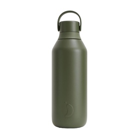 Chilly's Series 2 insulated water bottle in matte khaki green with loop handle lid and engraved logo detail