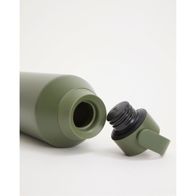 Olive green insulated water bottle with black screw-top lid shown open, close-up detail shot