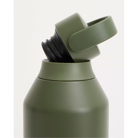 Olive green insulated water bottle with black threaded cap and looped carry handle, close-up detail shot