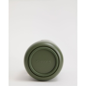 Chilly's olive green insulated bottle shown from below, displaying branded base with smooth matte finish.