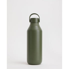 Olive green insulated water bottle with matching loop-top lid and matte finish, tapered base