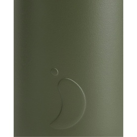 Chilly's reusable bottle in matte olive green with embossed logo detail, close-up view