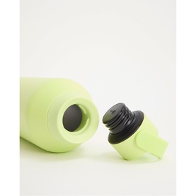 Chillys Water Bottle in Limelite, matte lime green finish with black screw cap shown removed beside the bottle opening.