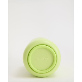 Chillys Water Bottle in Limelite, shot from below showing circular base with embossed branding, matte lime green finish.