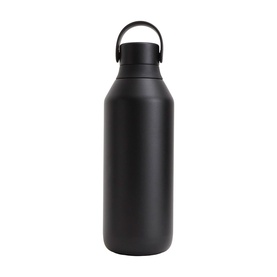 Matte black insulated water bottle with loop carry handle and screw-top lid, smooth cylindrical body