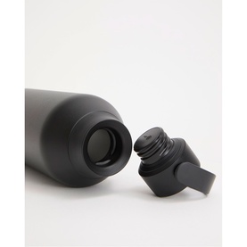 Matte black insulated water bottle with screw-top lid shown open, revealing rubber-sealed cap detail