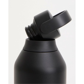 Matte black insulated water bottle with open screw cap and integrated carry loop, close-up detail shot