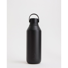 Matte black insulated water bottle with loop handle lid and tapered body, smooth finish