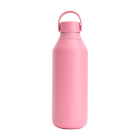 Chilly's Series 2 water bottle in matte pink with matching loop-handle lid and slim tapered base