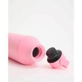 Pink insulated water bottle with black screw cap shown open, matte finish, close-up detail shot