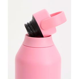 Pink insulated water bottle with black screw-top lid and pink silicone carry strap, close-up detail shot