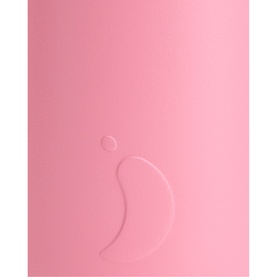 Pink cylindrical beauty device with embossed curved logo detail on smooth matte surface