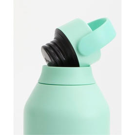 Chillys Water Bottle in Opal mint green, close-up of black screw cap and flip spout detail on insulated body.