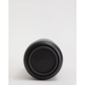 Chillys Water Bottle in Onyx, base view showing matte black circular base with embossed Chillys branding.