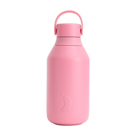 Chilly's pink insulated water bottle with matching carry handle lid and embossed logo, matte finish