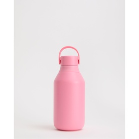 Pink insulated water bottle with a matching pink loop-handle lid, matte finish, compact size