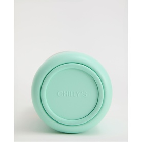 Chilly's mint green reusable cup lid, shown from above with embossed logo detail