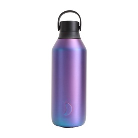 Chilly's Series 2 water bottle in iridescent purple-blue chrome finish with black loop cap and moon logo detail