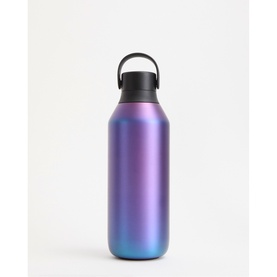 Iridescent purple-blue ombre stainless steel water bottle with black loop-handle lid, shown on white background