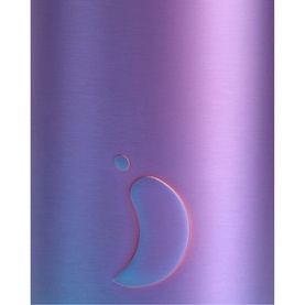Close-up of brushed metal surface in purple-to-pink gradient ombre finish with brand logo detail