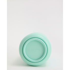 Chillys Water Bottle in Opal mint green, base-up view showing circular silicone base and branding detail.