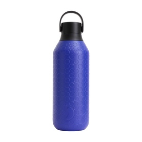 Cobalt blue insulated water bottle with embossed pattern, black carry handle lid, matte finish