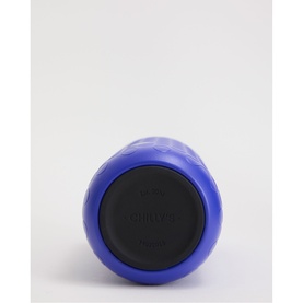 Blue insulated cup or bottle viewed from below, showing black base and textured cobalt blue exterior