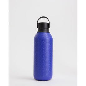 Blue insulated water bottle with embossed pattern, black carry handle lid, matte finish