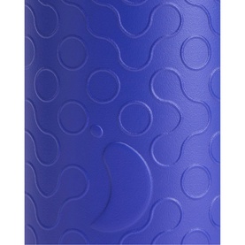 Blue cylindrical product with embossed abstract circle and curved pattern detail across surface